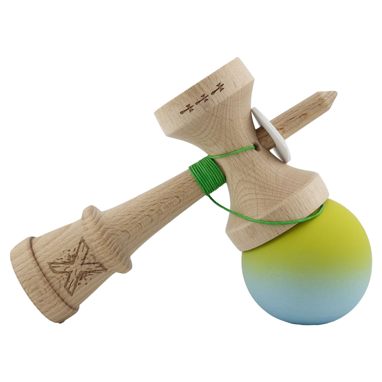 Kendama X Originala, Profesionala, Flippy, Rubber Grip, Cupe Mari KING SIZE V3, Gaura in Baza, Rulment Metalic, din lemn 18 cm, Ata 62/65 cm, Gradient Galben/Albastru [5]