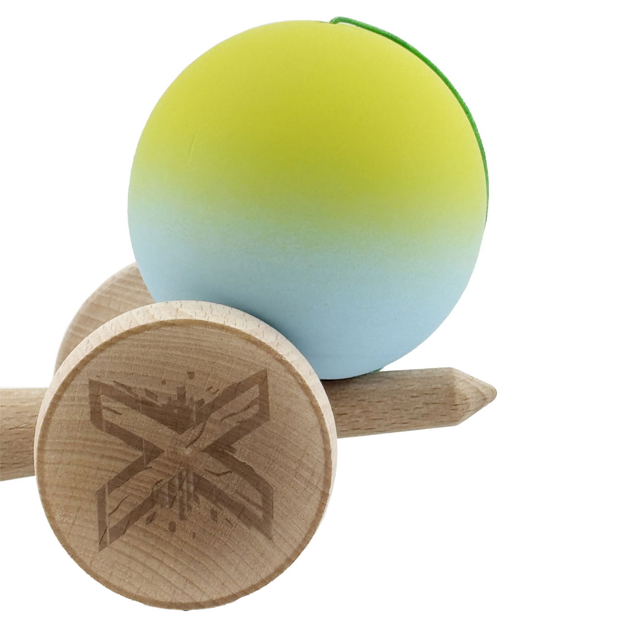 Kendama X Originala, Profesionala, Flippy, Rubber Grip, Cupe Mari KING SIZE V3, Gaura in Baza, Rulment Metalic, din lemn 18 cm, Ata 62/65 cm, Gradient Galben/Albastru [9]