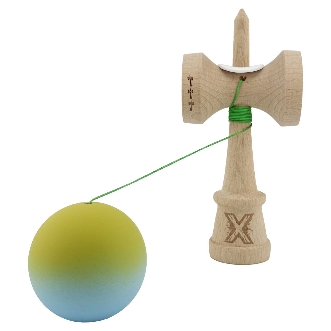 Kendama X Originala, Profesionala, Flippy, Rubber Grip, Cupe Mari KING SIZE V3, Gaura in Baza, Rulment Metalic, din lemn 18 cm, Ata 62/65 cm, Gradient Galben/Albastru deschis [4]