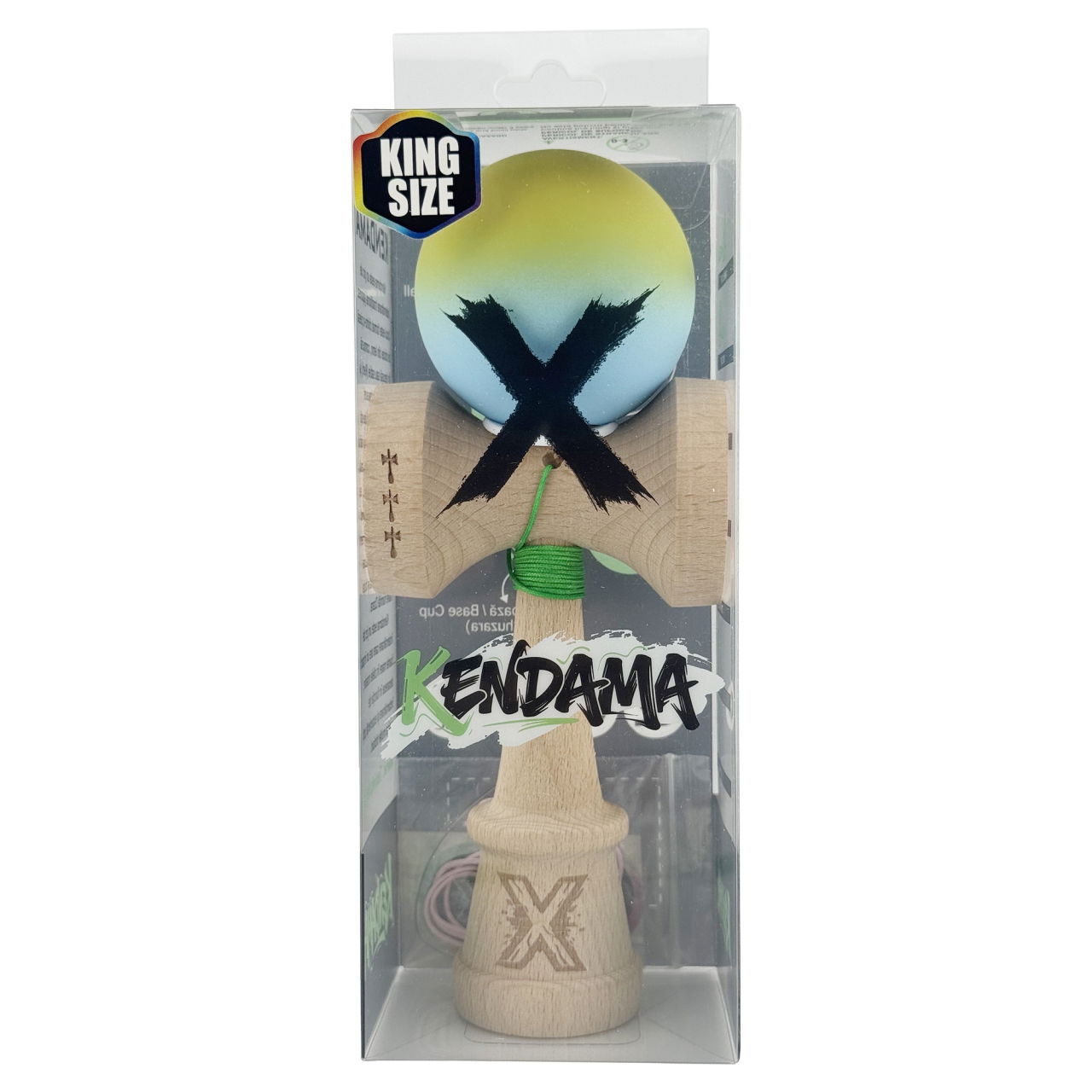 Kendama X Originala, Profesionala, Flippy, Rubber Grip, Cupe Mari KING SIZE V3, Gaura in Baza, Rulment Metalic, din lemn 18 cm, Ata 62/65 cm, Gradient Galben/Albastru deschis [6]