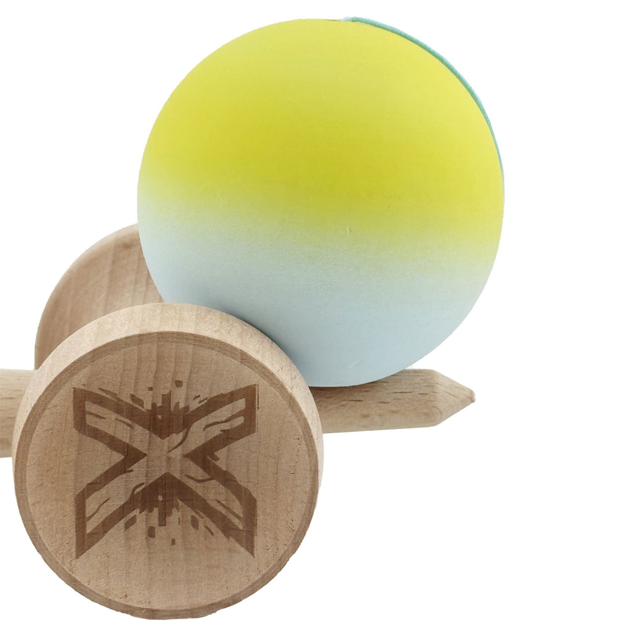 Kendama X Originala, Profesionala, Flippy, Rubber Grip, Cupe Mari KING SIZE V3, Gaura in Baza, Rulment Metalic, din lemn 18 cm, Ata 62/65 cm, Gradient Galben/Verde deschis [8]