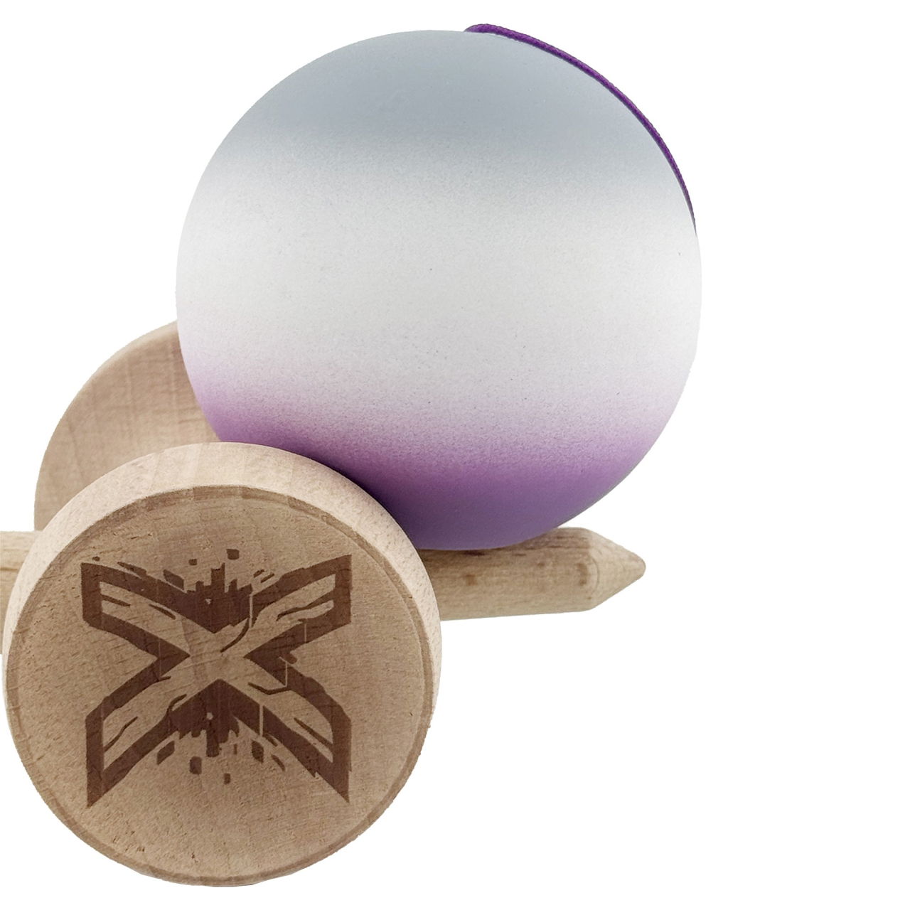 Kendama X Originala, Profesionala, Flippy, Rubber Grip, Cupe Mari KING SIZE V3, Gaura in Baza, Rulment Metalic, din lemn 18 cm, Ata 62/65 cm, Gradient Gri/Alb/Mov [8]