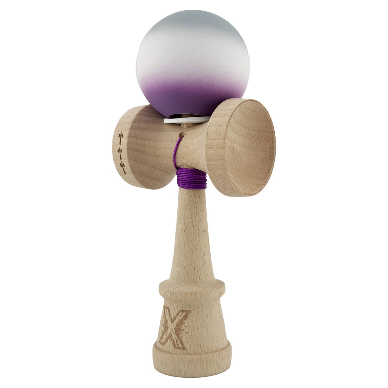 Kendama X Originala, Profesionala, Flippy, Rubber Grip, Cupe Mari KING SIZE V3, Gaura in Baza, Rulment Metalic, din lemn 18 cm, Ata 62/65 cm, Gradient Gri/Alb/Mov [3]