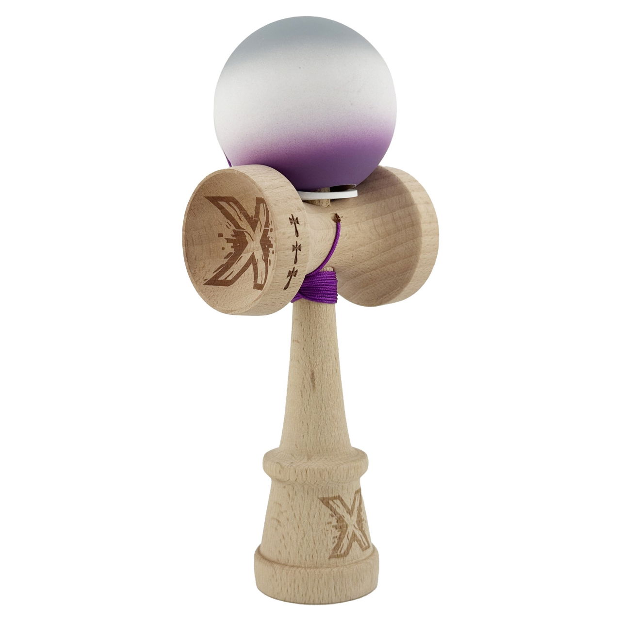 Kendama X Originala, Profesionala, Flippy, Rubber Grip, Cupe Mari KING SIZE V3, Gaura in Baza, Rulment Metalic, din lemn 18 cm, Ata 62/65 cm, Gradient Gri/Alb/Mov [1]