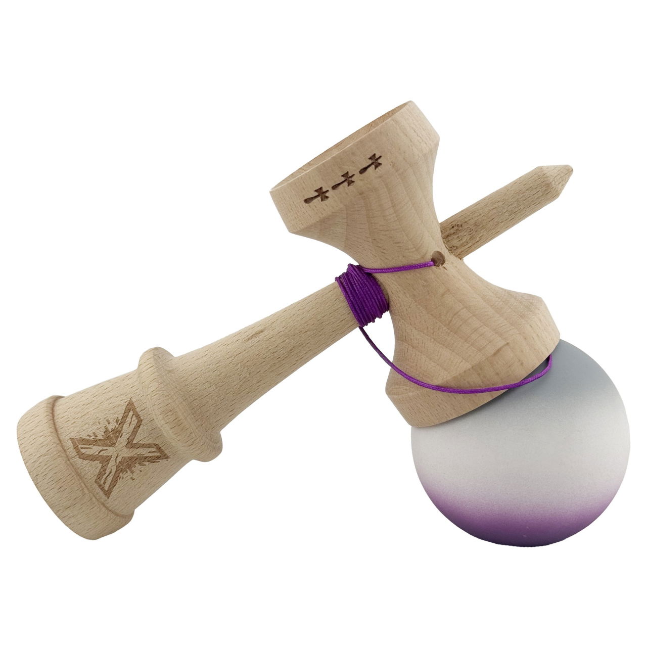 Kendama X Originala, Profesionala, Flippy, Rubber Grip, Cupe Mari KING SIZE V3, Gaura in Baza, Rulment Metalic, din lemn 18 cm, Ata 62/65 cm, Gradient Gri/Alb/Mov [9]