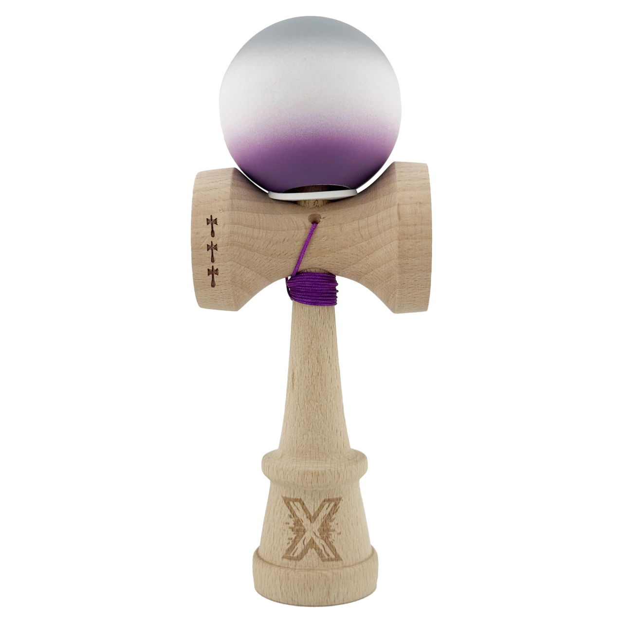 Kendama X Originala, Profesionala, Flippy, Rubber Grip, Cupe Mari KING SIZE V3, Gaura in Baza, Rulment Metalic, din lemn 18 cm, Ata 62/65 cm, Gradient Gri/Alb/Mov [2]