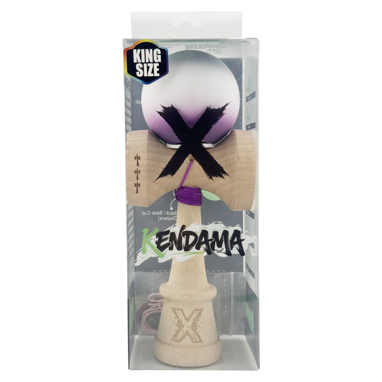 Kendama X Originala, Profesionala, Flippy, Rubber Grip, Cupe Mari KING SIZE V3, Gaura in Baza, Rulment Metalic, din lemn 18 cm, Ata 62/65 cm, Gradient Gri/Alb/Mov [5]