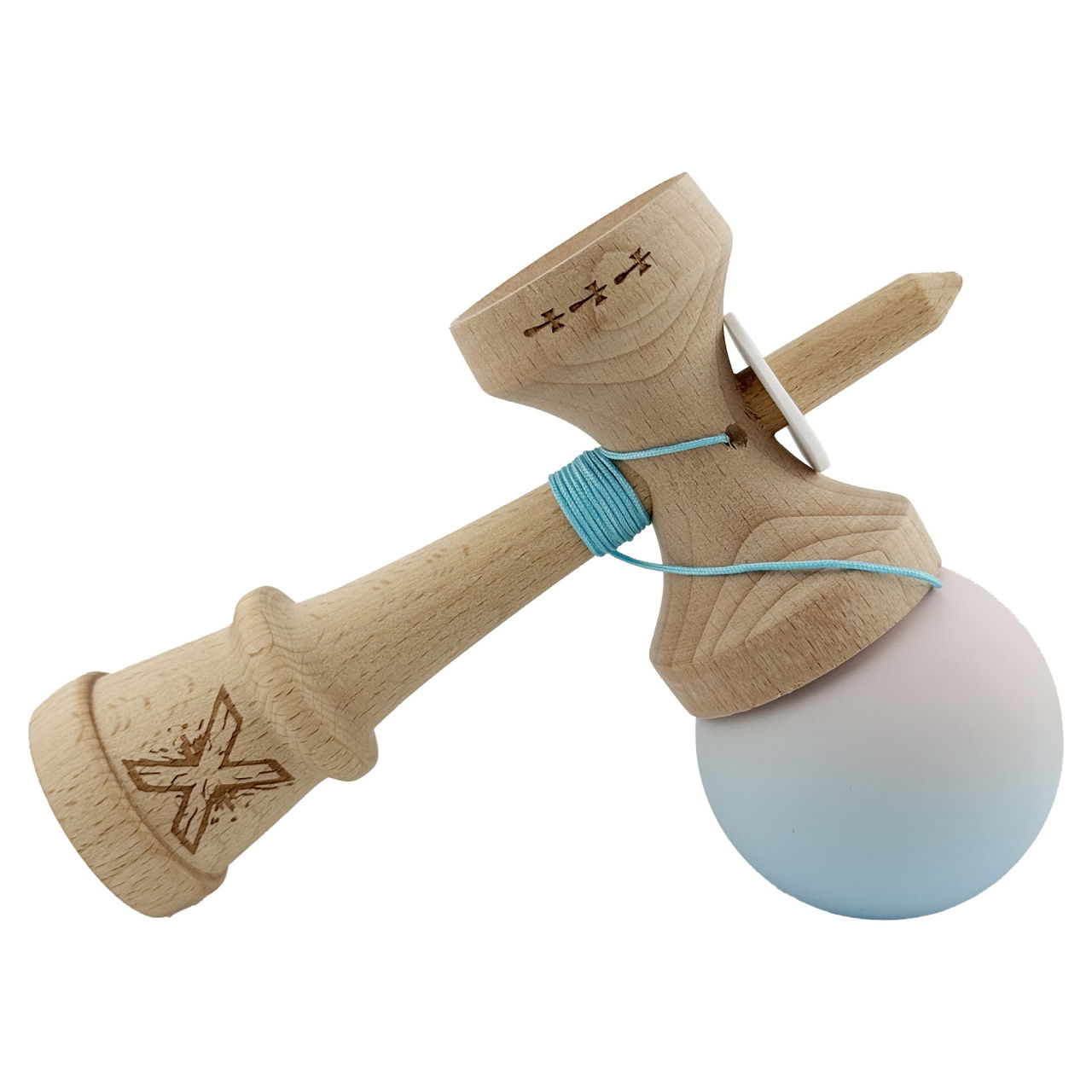 Kendama X Originala, Profesionala, Flippy, Rubber Grip, Cupe Mari KING SIZE V3, Gaura in Baza, Rulment Metalic, din lemn 18 cm, Ata 62/65 cm, Gradient Lila/Turcoaz [5]