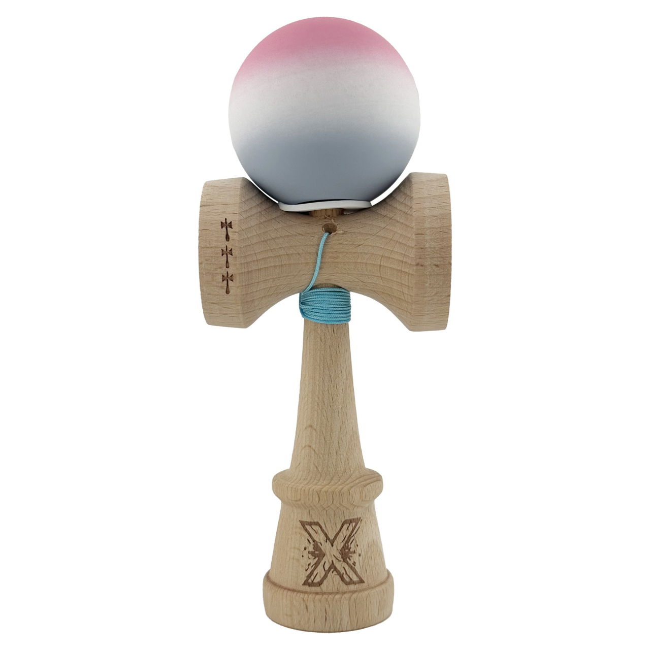 Kendama X Originala, Profesionala, Flippy, Rubber Grip, Cupe Mari KING SIZE V3, Gaura in Baza, Rulment Metalic, din lemn 18 cm, Ata 62/65 cm, Gradient Roz/Alb/Gri [2]