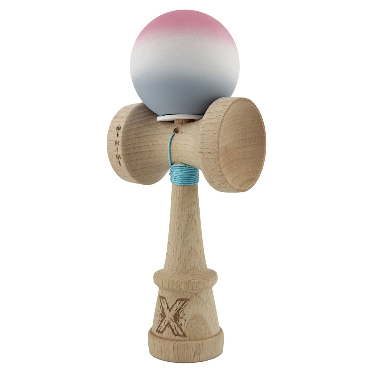 Kendama X Originala, Profesionala, Flippy, Rubber Grip, Cupe Mari KING SIZE V3, Gaura in Baza, Rulment Metalic, din lemn 18 cm, Ata 62/65 cm, Gradient Roz/Alb/Gri [3]