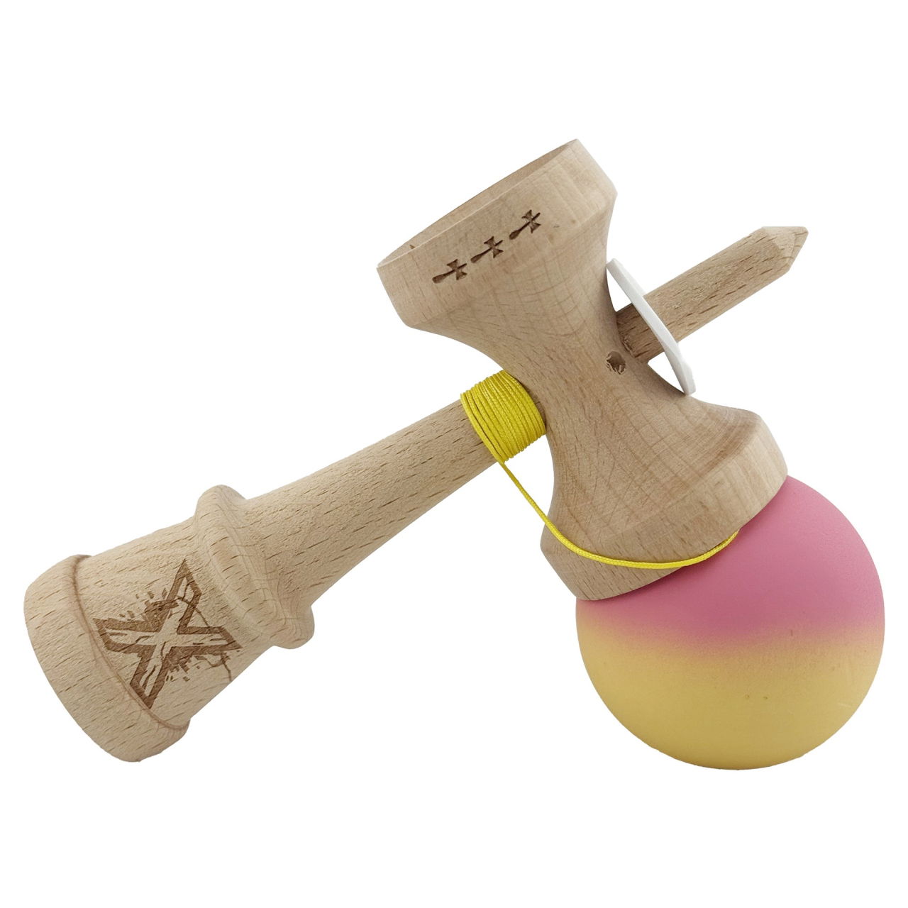 Kendama X Originala, Profesionala, Flippy, Rubber Grip, Cupe Mari KING SIZE V3, Gaura in Baza, Rulment Metalic, din lemn 18 cm, Ata 62/65 cm, Gradient Roz/Galben [10]