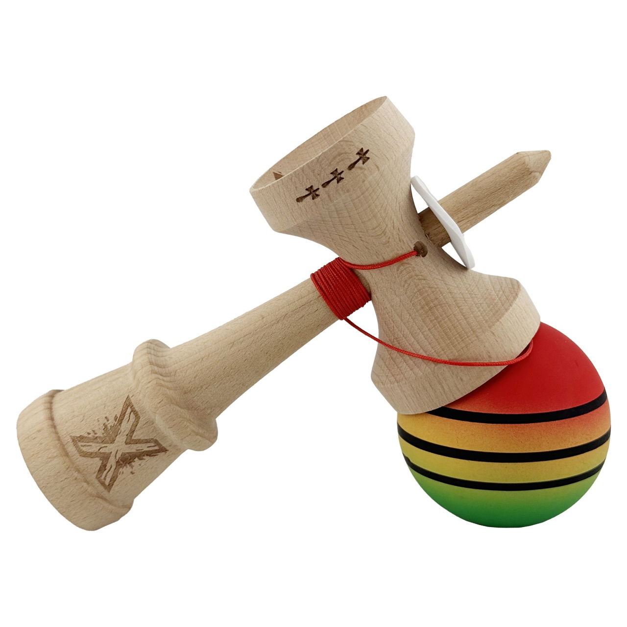 Kendama X Originala, Profesionala, Flippy, Rubber Grip, Cupe Mari KING SIZE V3, Gaura in Baza, Rulment Metalic, din lemn 18 cm, Ata 62/65 cm, Special Rosu/Galben/Verde [5]