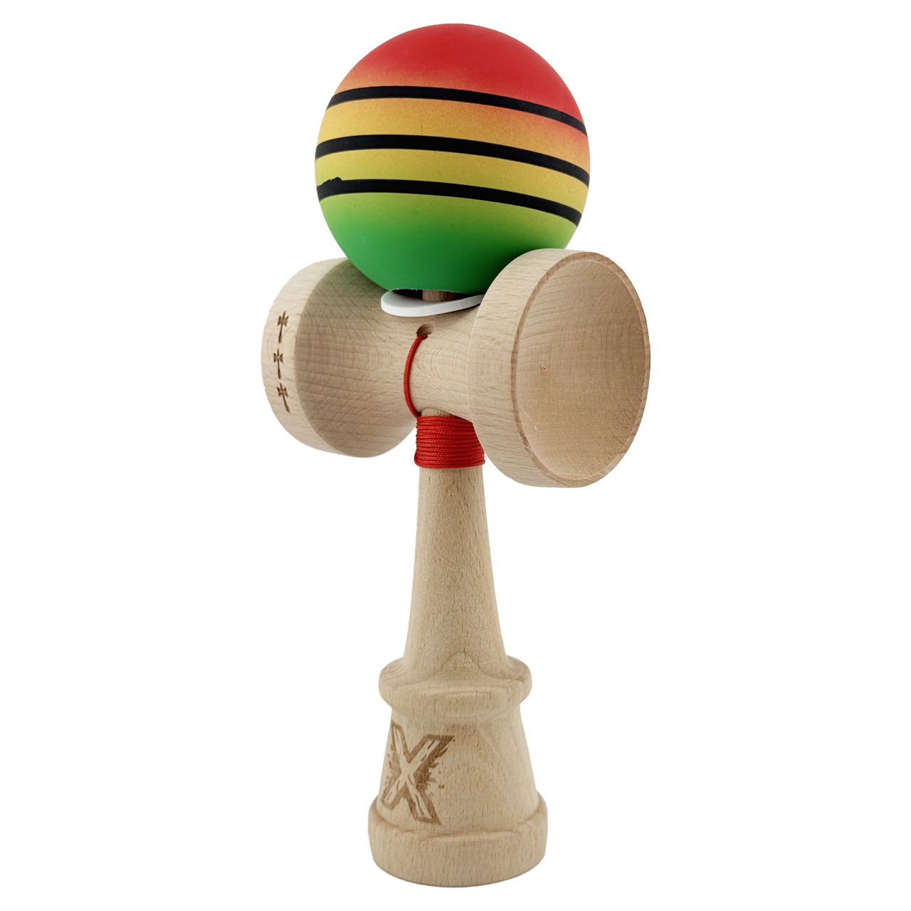 Kendama X Originala, Profesionala, Flippy, Rubber Grip, Cupe Mari KING SIZE V3, Gaura in Baza, Rulment Metalic, din lemn 18 cm, Ata 62/65 cm, Special Rosu/Galben/Verde [3]