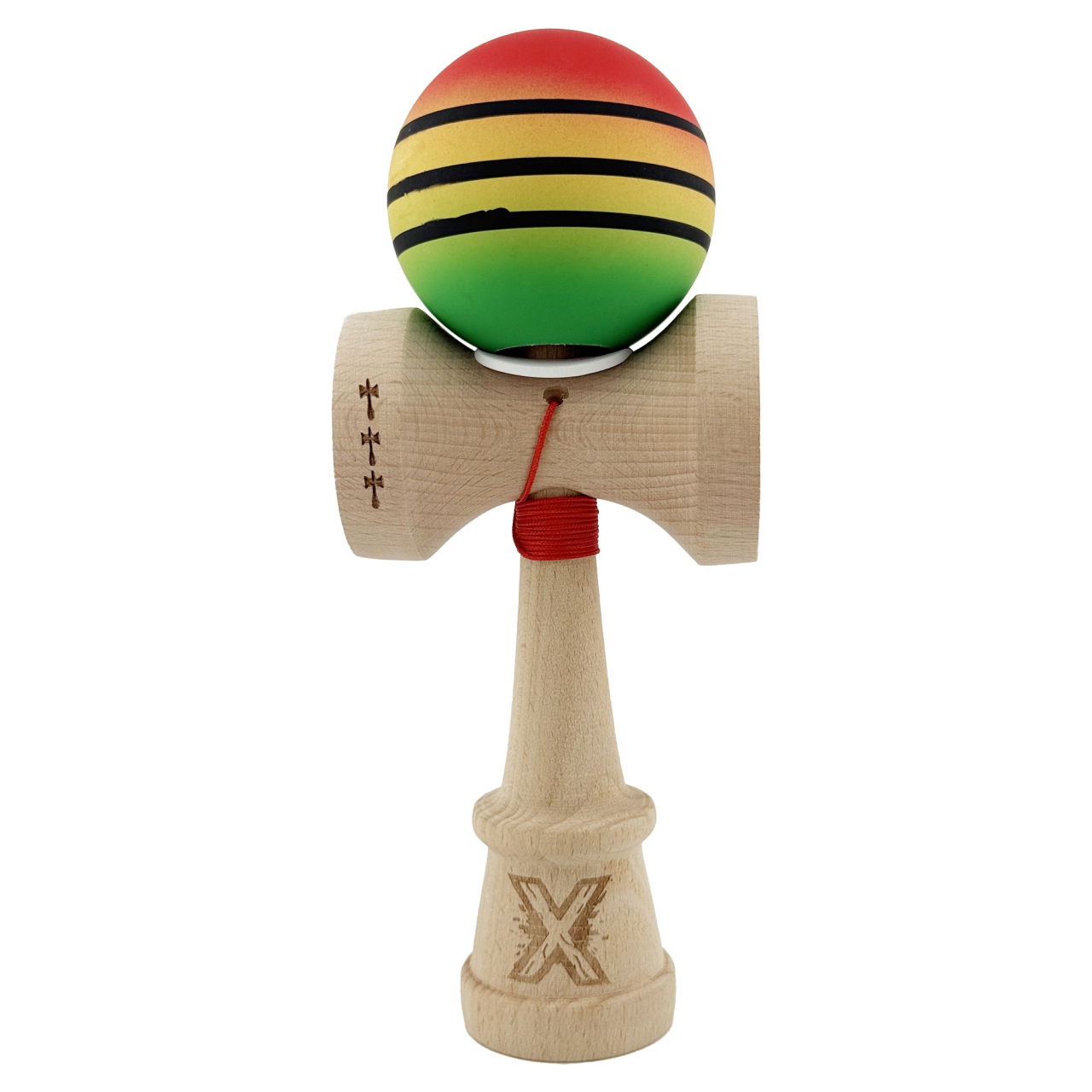 Kendama X Originala, Profesionala, Flippy, Rubber Grip, Cupe Mari KING SIZE V3, Gaura in Baza, Rulment Metalic, din lemn 18 cm, Ata 62/65 cm, Special Rosu/Galben/Verde [2]