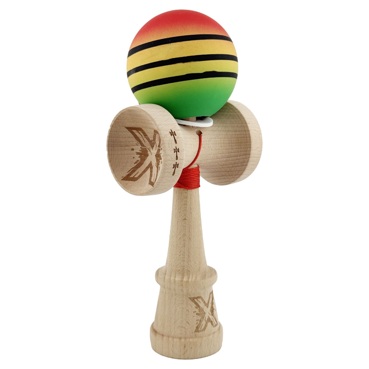 Kendama X Originala, Profesionala, Flippy, Rubber Grip, Cupe Mari KING SIZE V3, Gaura in Baza, Rulment Metalic, din lemn 18 cm, Ata 62/65 cm, Special Rosu/Galben/Verde [1]