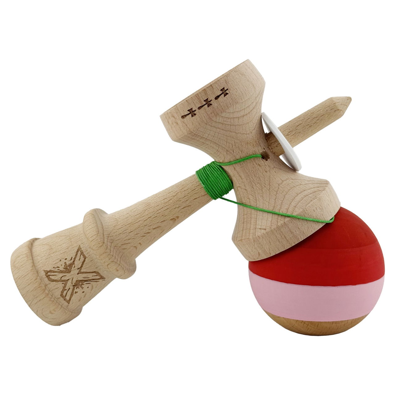 Kendama X Originala, Profesionala, Flippy, Rubber Grip, Cupe Mari KING SIZE V3, Gaura in Baza, Rulment Metalic, din lemn 18 cm, Ata 62/65 cm, Special Rosu/Roz/Maro [5]