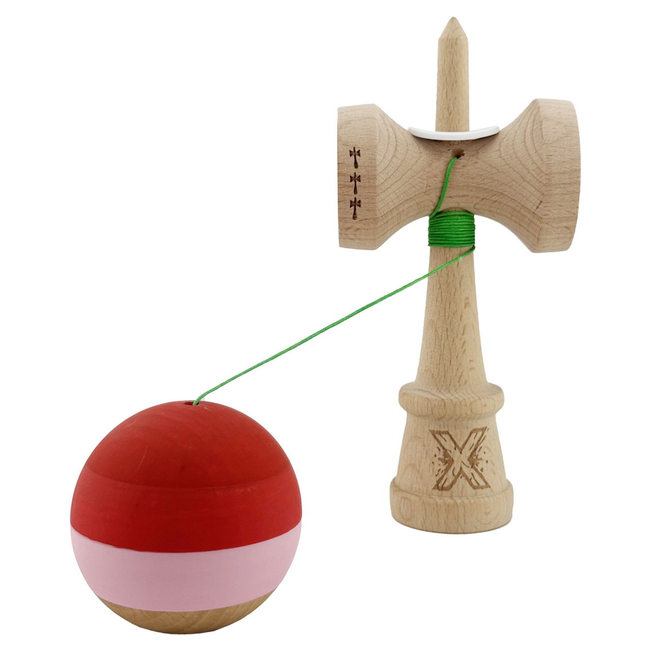 Kendama X Originala, Profesionala, Flippy, Rubber Grip, Cupe Mari KING SIZE V3, Gaura in Baza, Rulment Metalic, din lemn 18 cm, Ata 62/65 cm, Special Rosu/Roz/Maro [4]