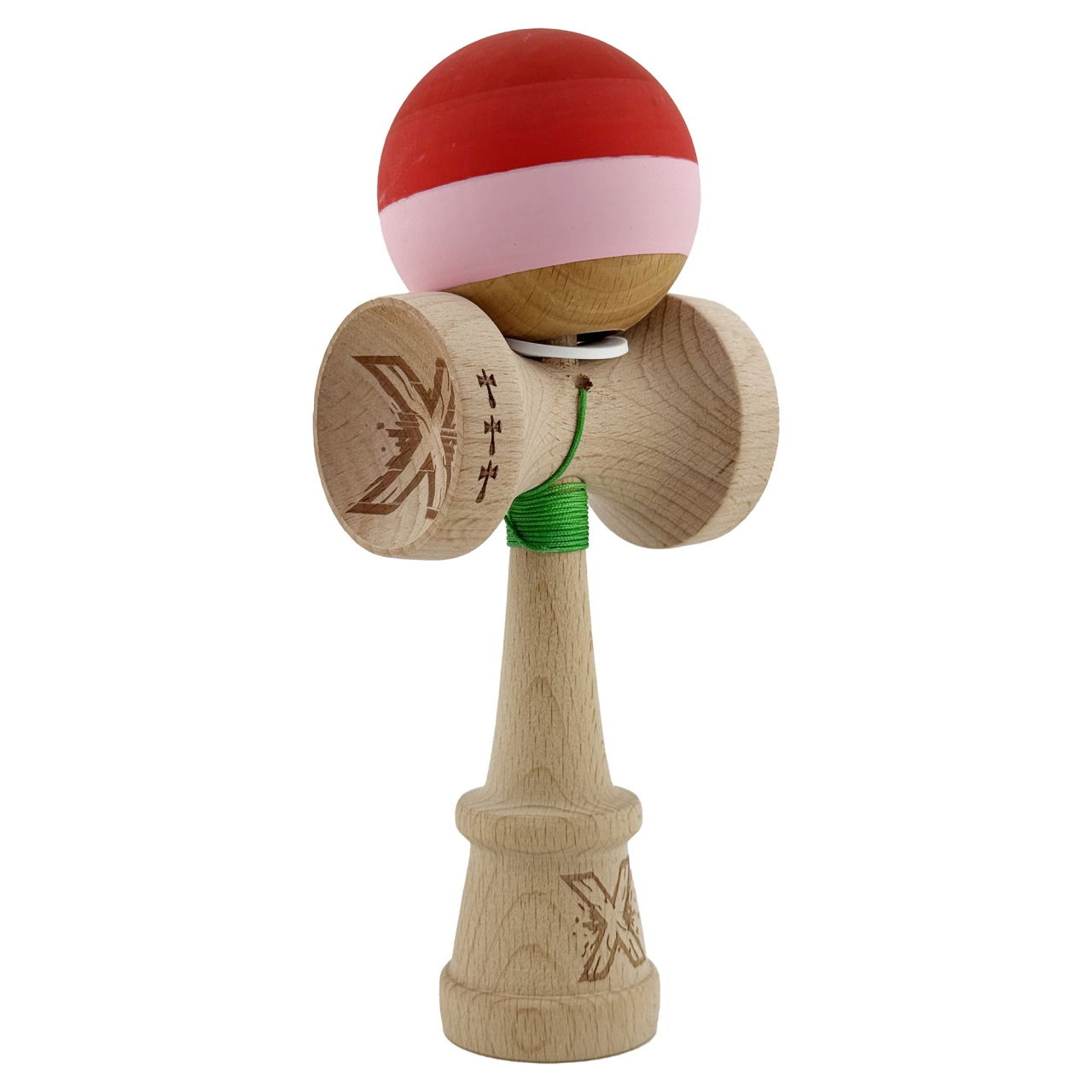 Kendama X Originala, Profesionala, Flippy, Rubber Grip, Cupe Mari KING SIZE V3, Gaura in Baza, Rulment Metalic, din lemn 18 cm, Ata 62/65 cm, Special Rosu/Roz/Maro [1]