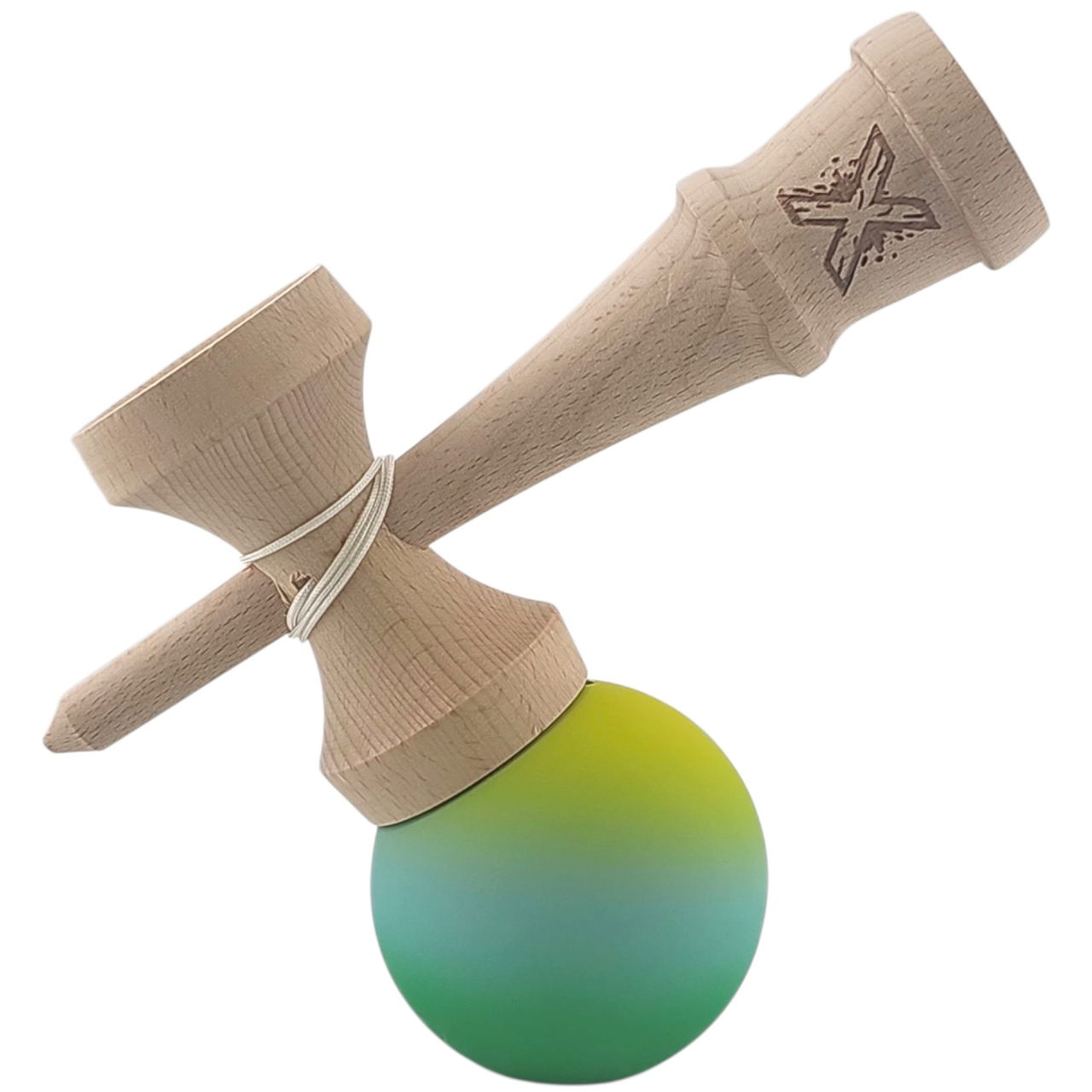 Kendama X Originala, Profesionala, Flippy, Rubber Grip, din Lemn, 18 cm, Galben/Albastru/Verde [3]
