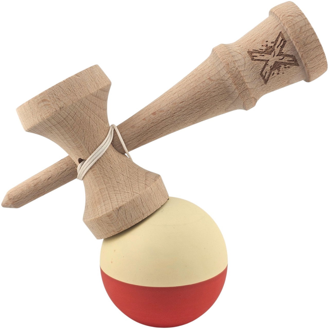 Kendama X Originala, Profesionala, Flippy, Rubber Grip, din Lemn, 18 cm, Galben deschis/Rosu [4]
