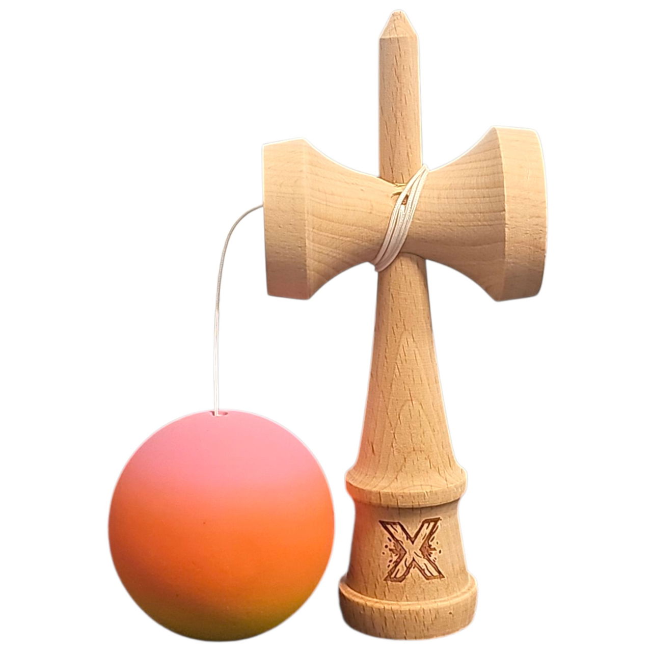 Kendama X Originala, Profesionala, Flippy, Rubber Grip, din Lemn, 18 cm, Roz/Portocaliu/Galben [2]
