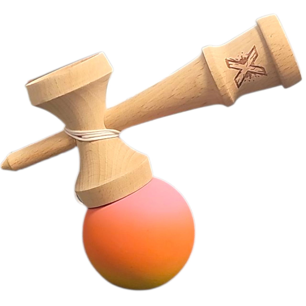 Kendama X Originala, Profesionala, Flippy, Rubber Grip, din Lemn, 18 cm, Roz/Portocaliu/Galben [3]