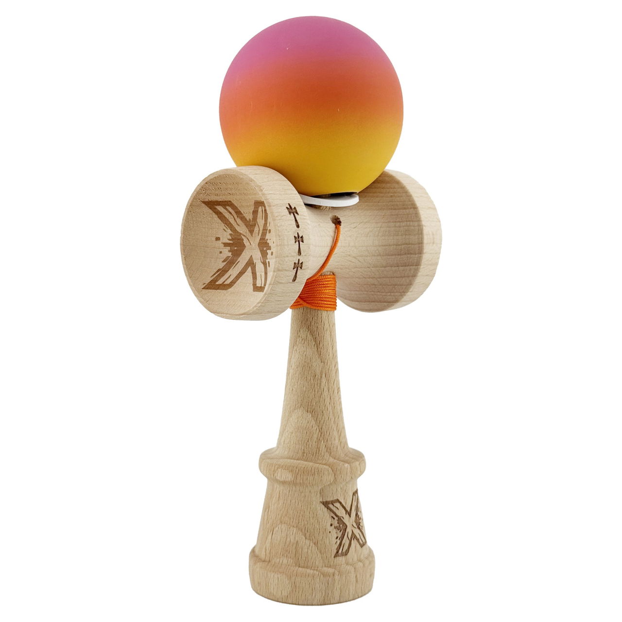 Kendama X Originala, Profesionala, Flippy, Rubber Grip, din Lemn, 18 cm, V3, Roz/Portocaliu/Galben [1]