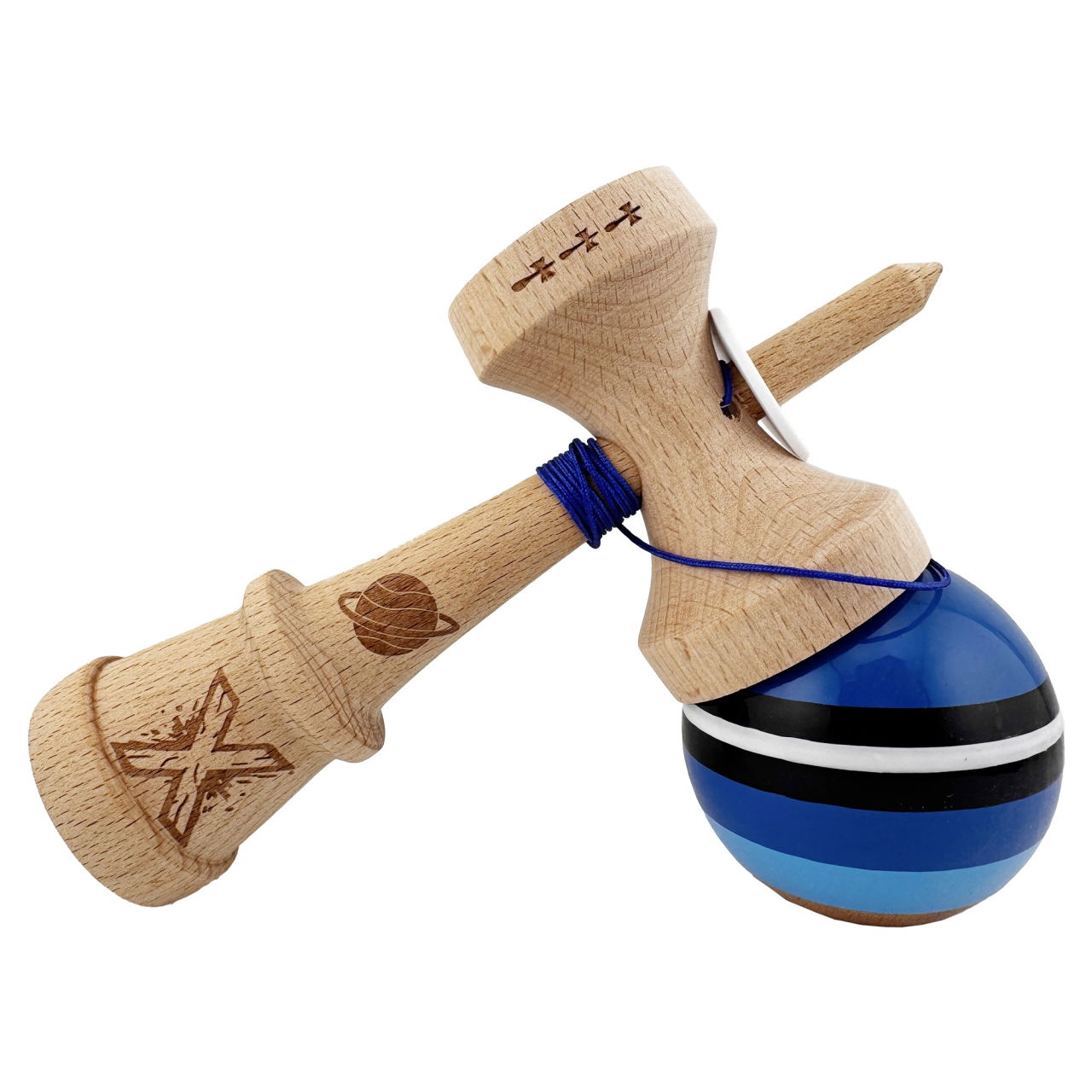 Kendama X Originala, Profesionala, Flippy, SATURN Blue Planet, Super Sticky cu Cupe Mari KING SIZE V3, Gaura in Baza, Rulment Metalic, din lemn 18 cm, Ata 62/65 cm, Albastru [5]