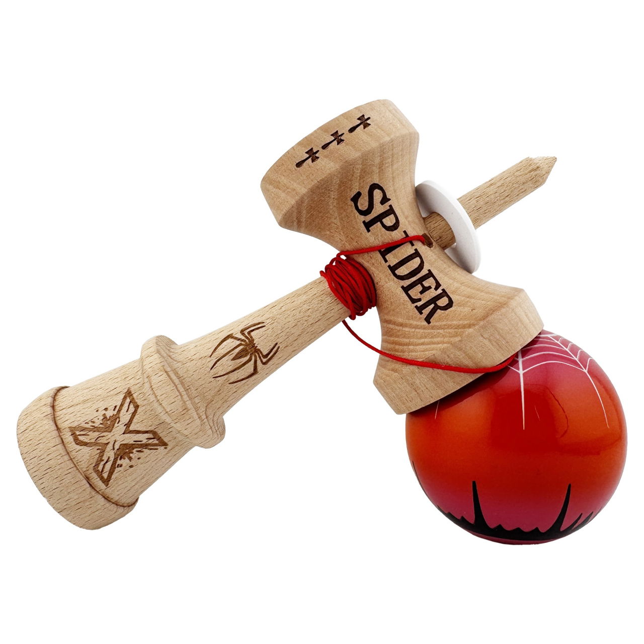 Kendama X Originala, Profesionala, Flippy, SPIDER KING, Super Sticky cu Cupe Mari KING SIZE V3, Gaura in Baza, Rulment Metalic, din lemn 18 cm, Ata 62/65 cm, Rosu/Maro [5]