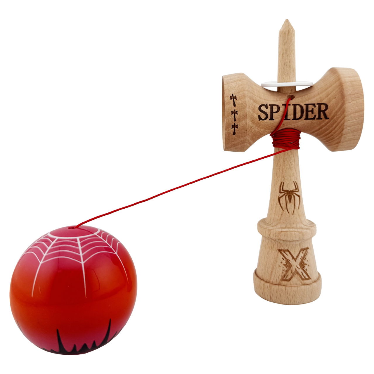 Kendama X Originala, Profesionala, Flippy, SPIDER KING, Super Sticky cu Cupe Mari KING SIZE V3, Gaura in Baza, Rulment Metalic, din lemn 18 cm, Ata 62/65 cm, Rosu/Maro [4]