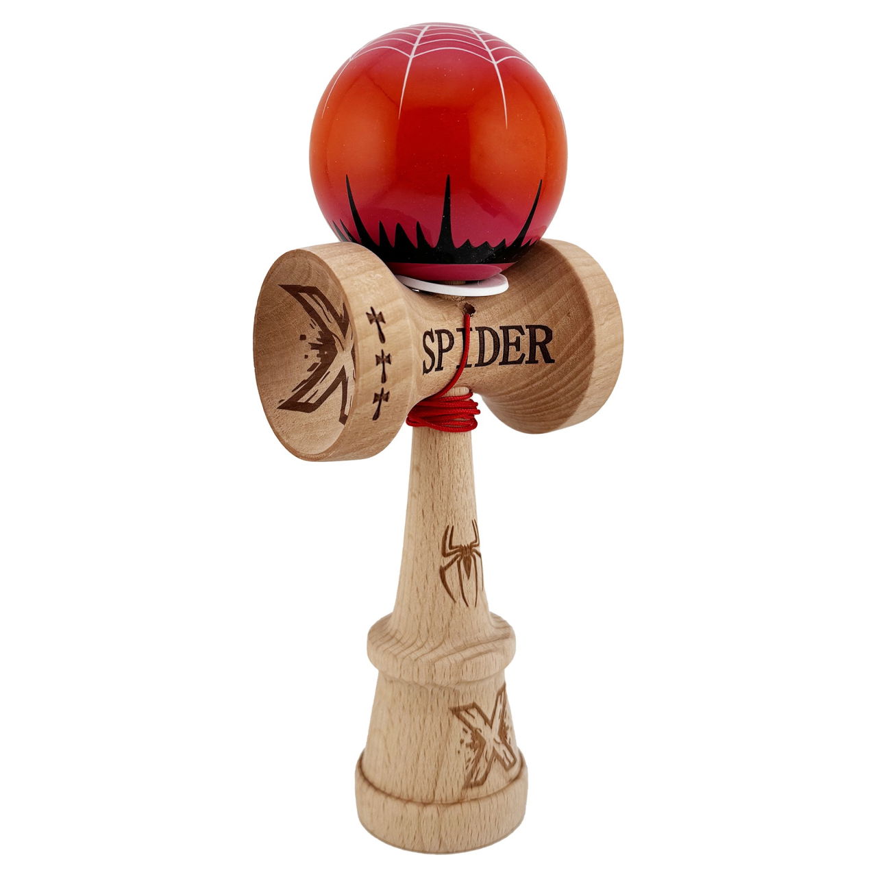 Kendama X Originala, Profesionala, Flippy, SPIDER KING, Super Sticky cu Cupe Mari KING SIZE V3, Gaura in Baza, Rulment Metalic, din lemn 18 cm, Ata 62/65 cm, Rosu/Maro [1]