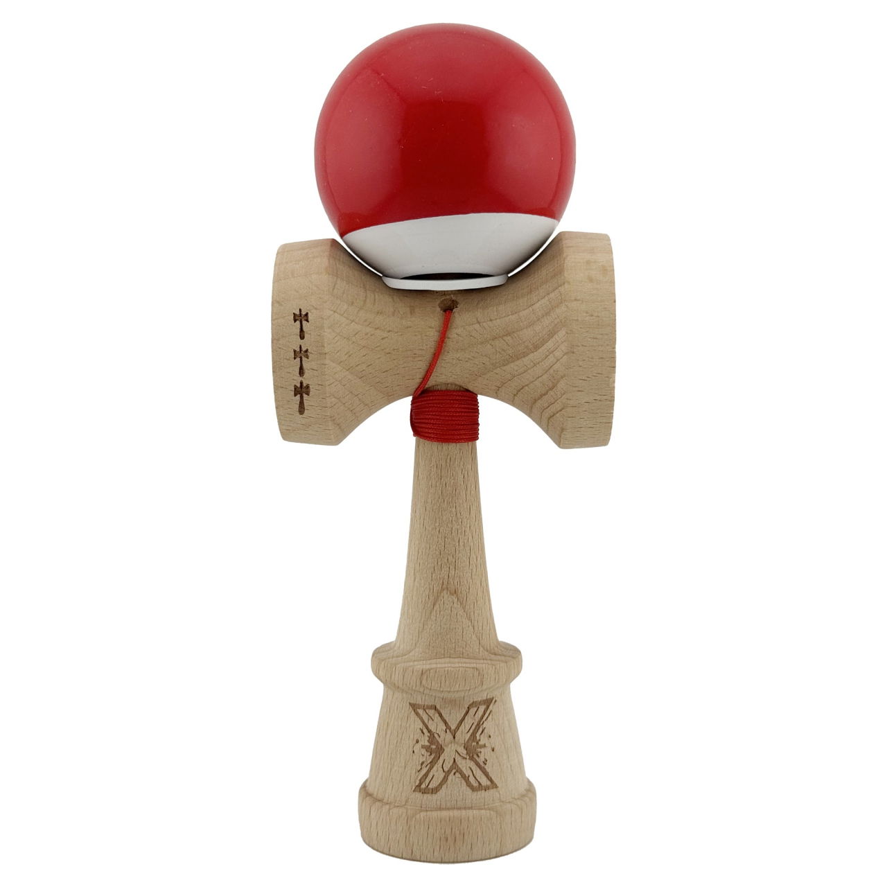 Kendama X Originala, Profesionala, Flippy, Super Sticky cu Cupe Mari KING SIZE V3, Gaura in Baza, Rulment Metalic, din lemn 18 cm, Ata 62/65 cm, Bicolor Rosu/Alb [2]
