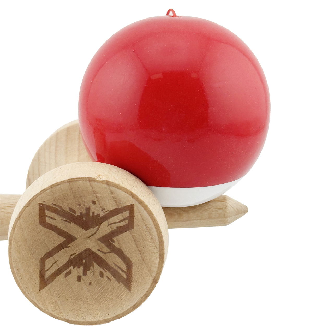 Kendama X Originala, Profesionala, Flippy, Super Sticky cu Cupe Mari KING SIZE V3, Gaura in Baza, Rulment Metalic, din lemn 18 cm, Ata 62/65 cm, Bicolor Rosu/Alb [9]