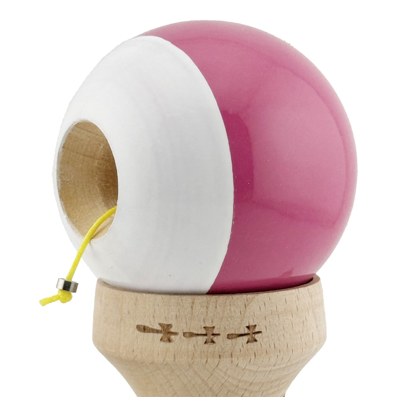 Kendama X Originala, Profesionala, Flippy, Super Sticky cu Cupe Mari KING SIZE V3, Gaura in Baza, Rulment Metalic, din lemn 18 cm, Ata 62/65 cm, Bicolor Roz inchis/Alb [7]