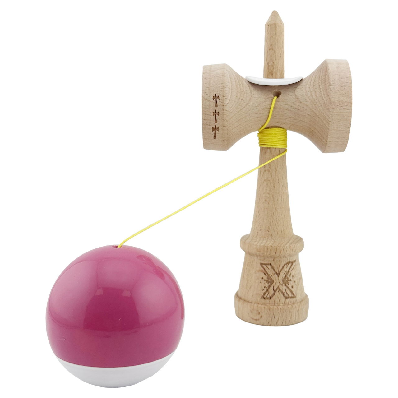 Kendama X Originala, Profesionala, Flippy, Super Sticky cu Cupe Mari KING SIZE V3, Gaura in Baza, Rulment Metalic, din lemn 18 cm, Ata 62/65 cm, Bicolor Roz inchis/Alb [4]