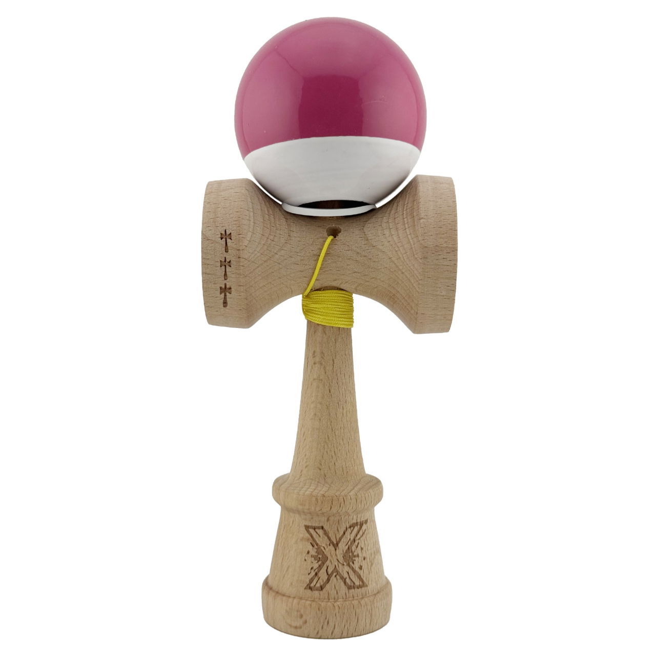 Kendama X Originala, Profesionala, Flippy, Super Sticky cu Cupe Mari KING SIZE V3, Gaura in Baza, Rulment Metalic, din lemn 18 cm, Ata 62/65 cm, Bicolor Roz inchis/Alb [2]