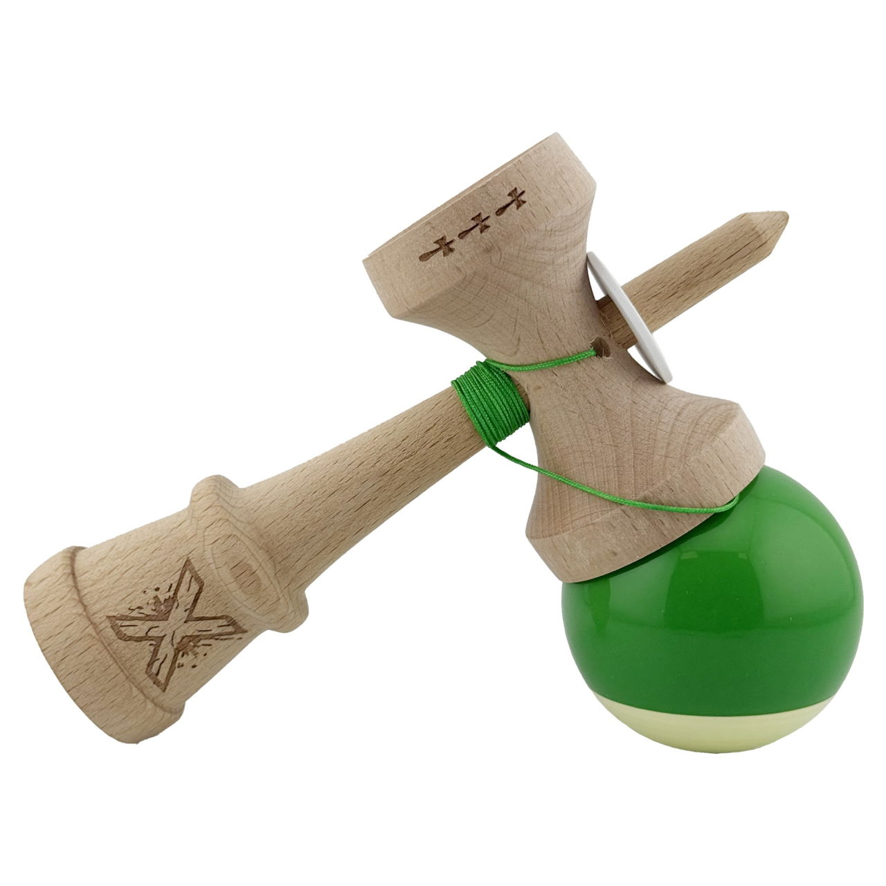 Kendama X Originala, Profesionala, Flippy, Super Sticky cu Cupe Mari KING SIZE V3, Gaura in Baza, Rulment Metalic, din lemn 18 cm, Ata 62/65 cm, Bicolor Verde/Alb [5]