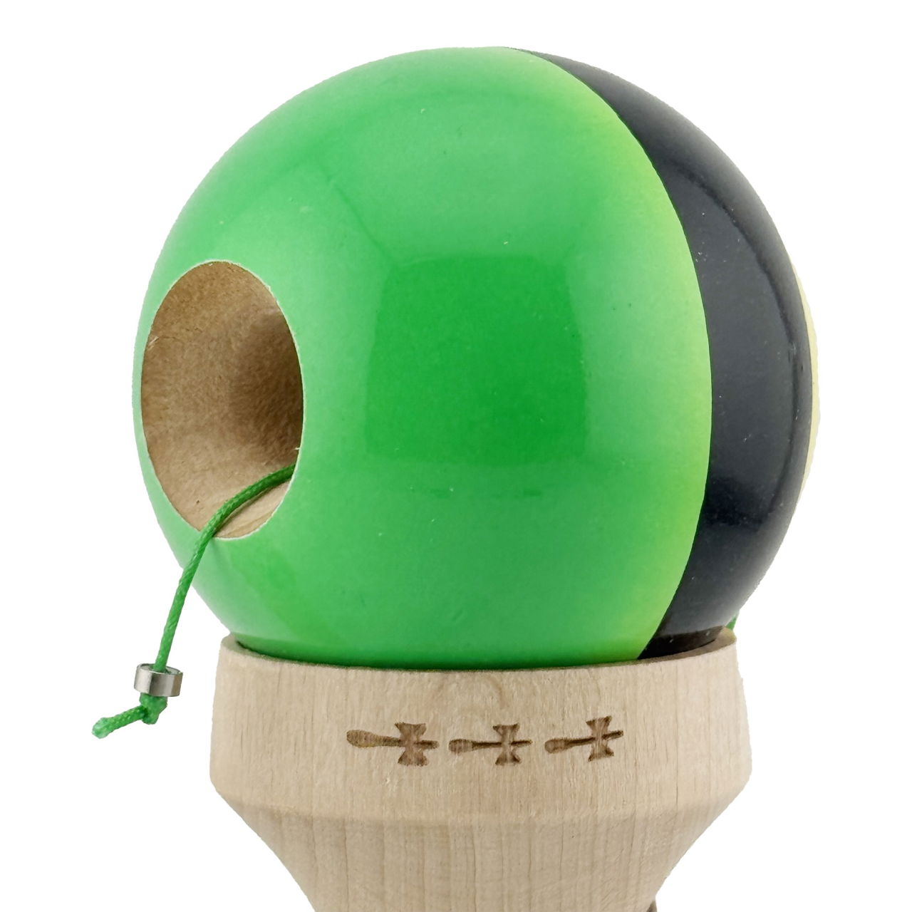Kendama X Originala, Profesionala, Flippy, Super Sticky cu Cupe Mari KING SIZE V3, Gaura in Baza, Rulment Metalic, din lemn 18 cm, Ata 62/65 cm, Galben/Negru/Verde [7]