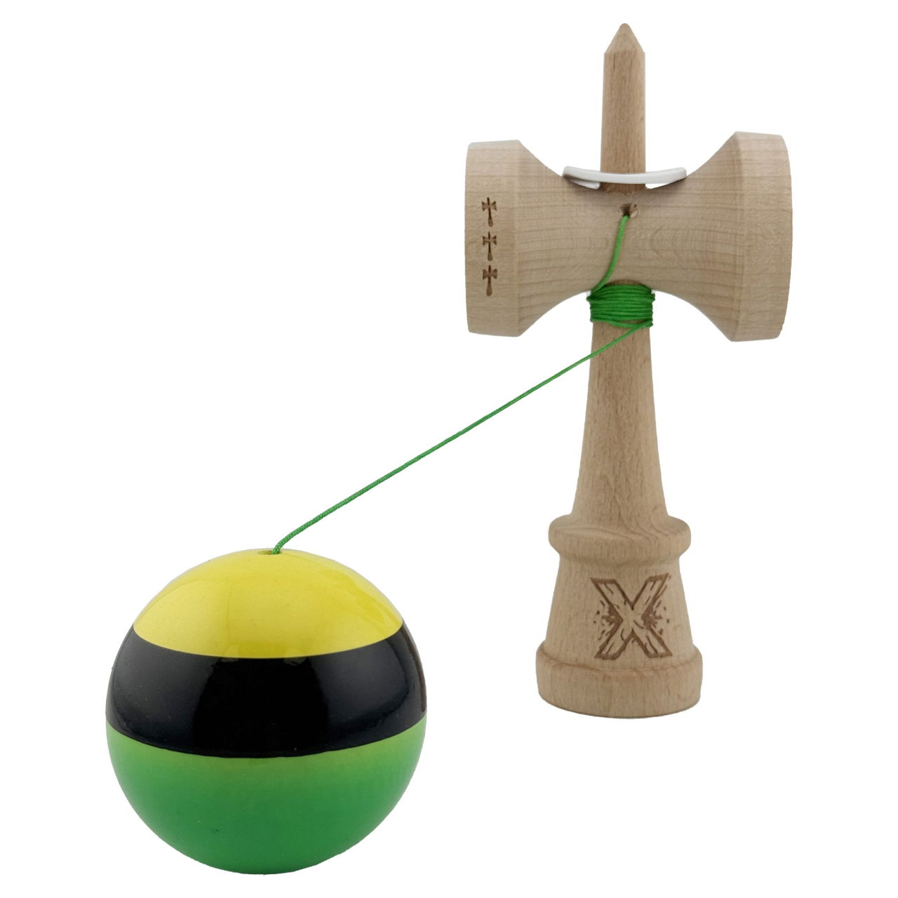 Kendama X Originala, Profesionala, Flippy, Super Sticky cu Cupe Mari KING SIZE V3, Gaura in Baza, Rulment Metalic, din lemn 18 cm, Ata 62/65 cm, Galben/Negru/Verde [4]