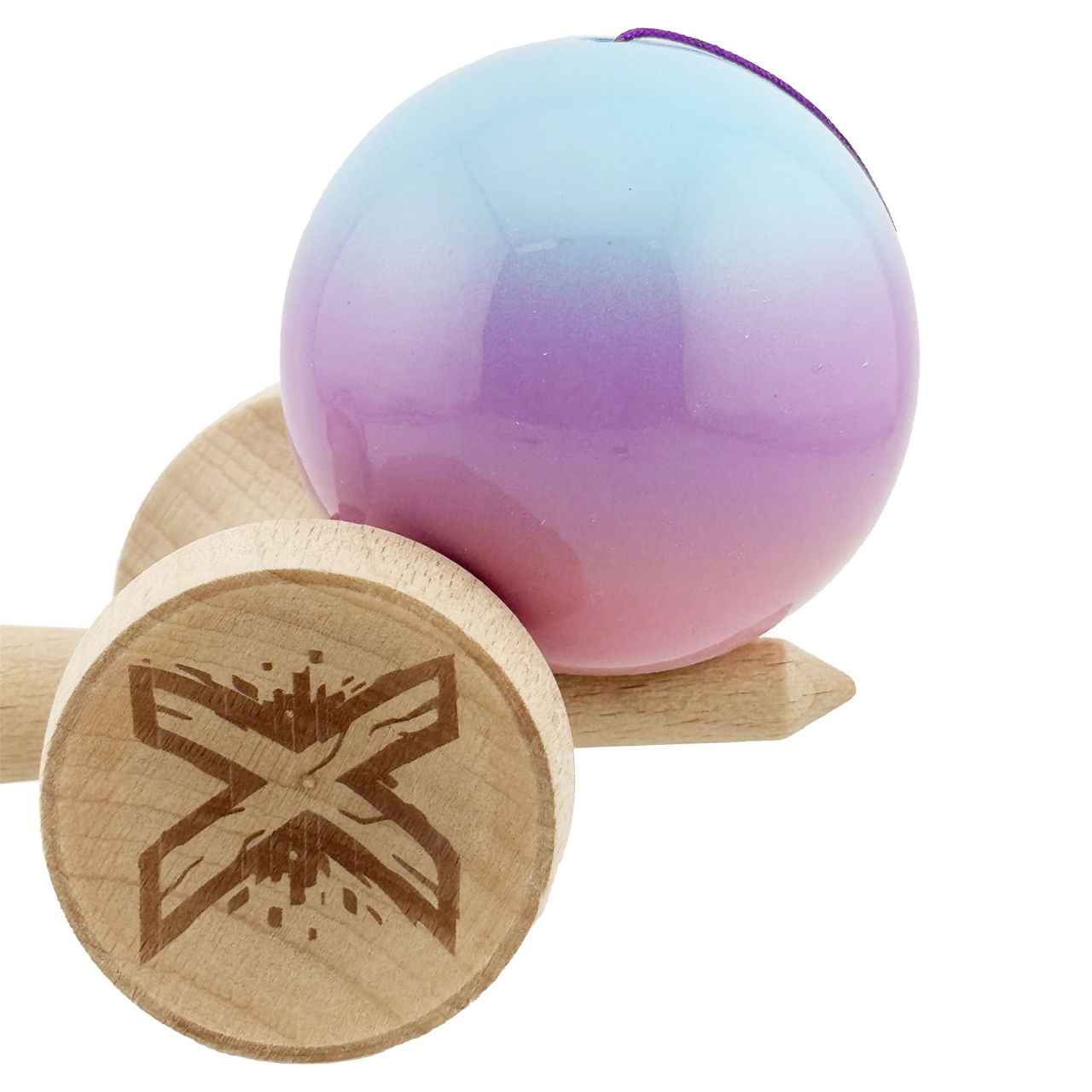 Kendama X Originala, Profesionala, Flippy, Super Sticky cu Cupe Mari KING SIZE V3, Gaura in Baza, Rulment Metalic, din lemn 18 cm, Ata 62/65 cm, Gradient Albastru/Mov/Roz [9]