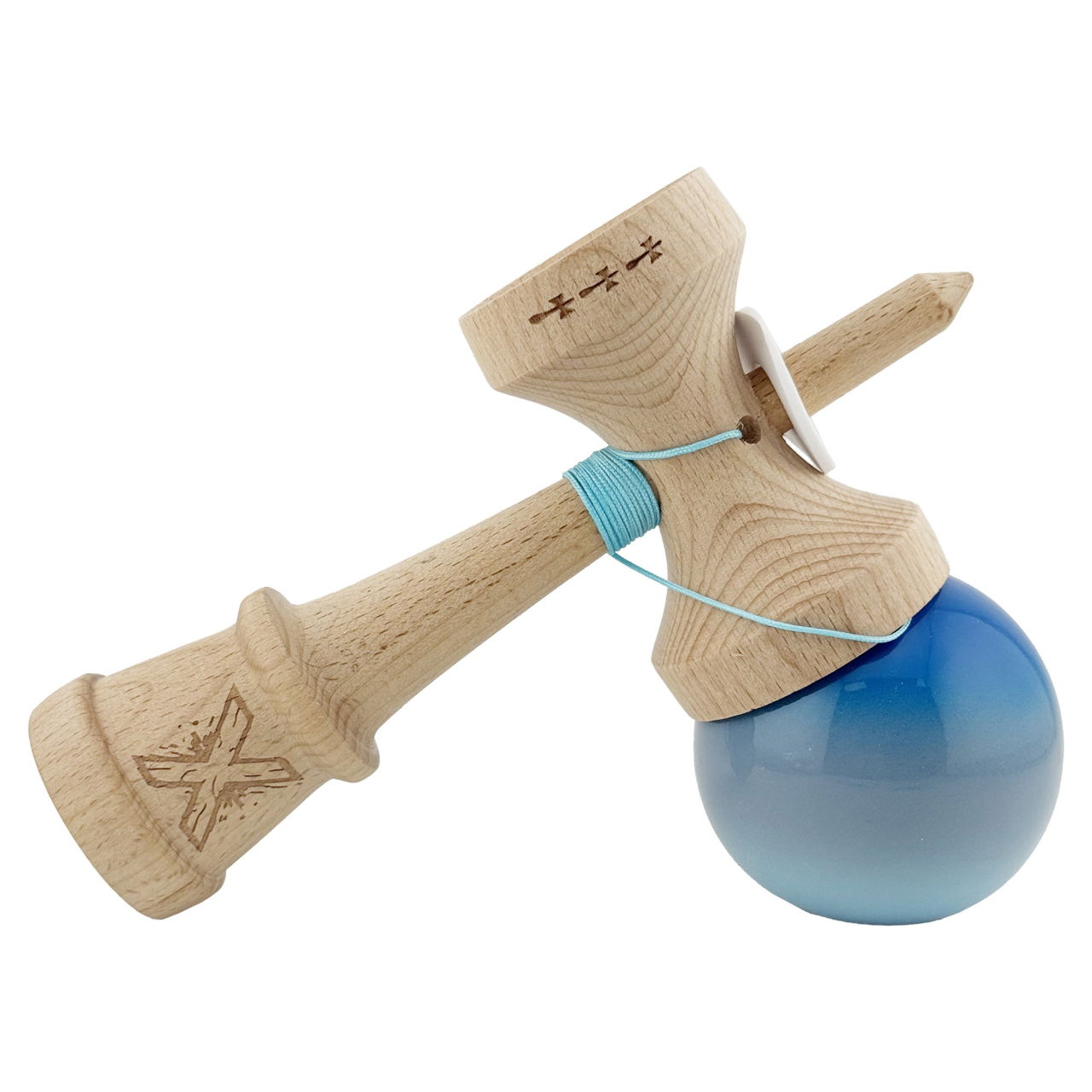 Kendama X Originala, Profesionala, Flippy, Super Sticky cu Cupe Mari KING SIZE V3, Gaura in Baza, Rulment Metalic, din lemn 18 cm, Ata 62/65 cm, Gradient Albastru/Gri/Bleu [5]