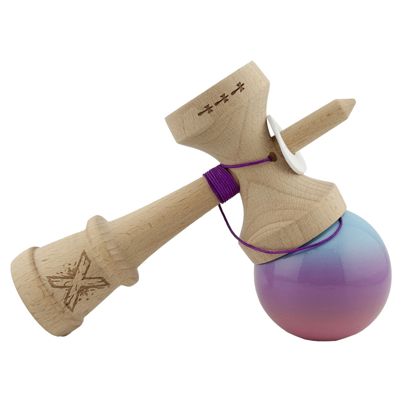 Kendama X Originala, Profesionala, Flippy, Super Sticky cu Cupe Mari KING SIZE V3, Gaura in Baza, Rulment Metalic, din lemn 18 cm, Ata 62/65 cm, Gradient Albastru/Mov/Roz [5]