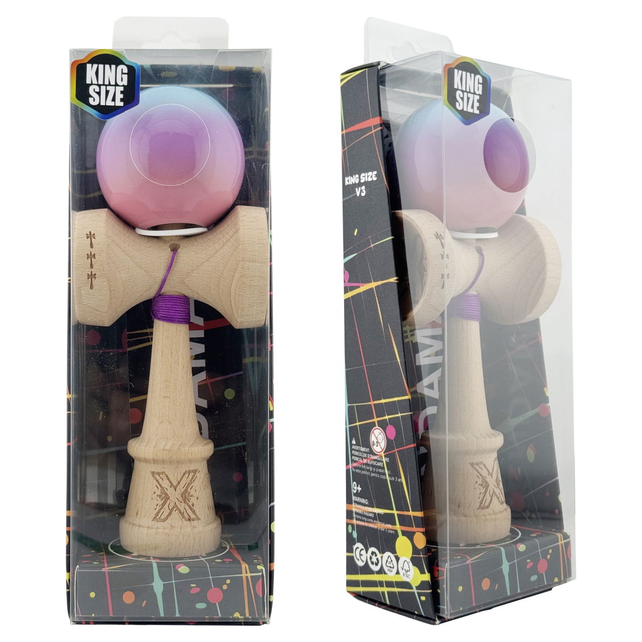 Kendama X Originala, Profesionala, Flippy, Super Sticky cu Cupe Mari KING SIZE V3, Gaura in Baza, Rulment Metalic, din lemn 18 cm, Ata 62/65 cm, Gradient Albastru/Mov/Roz [6]