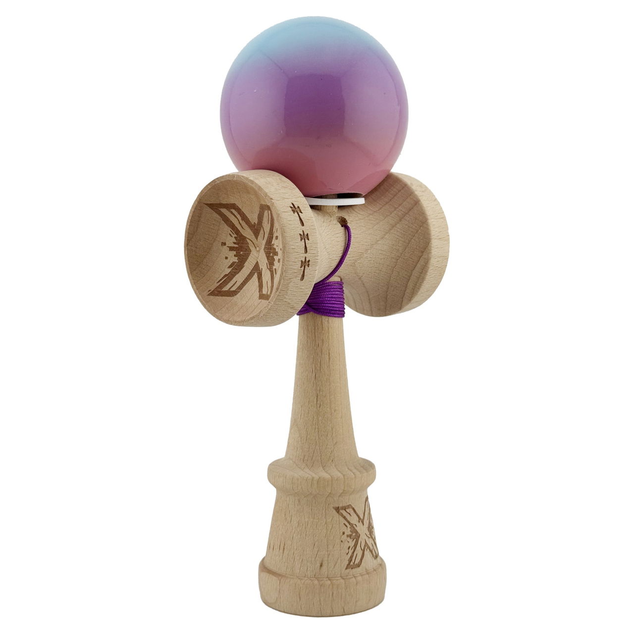Kendama X Originala, Profesionala, Flippy, Super Sticky cu Cupe Mari KING SIZE V3, Gaura in Baza, Rulment Metalic, din lemn 18 cm, Ata 62/65 cm, Gradient Albastru/Mov/Roz [1]
