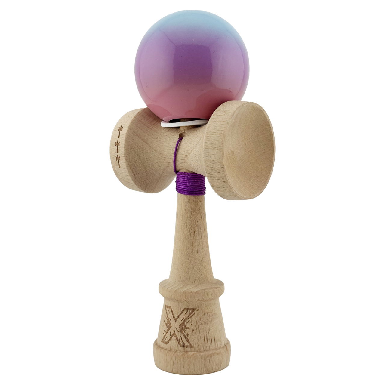 Kendama X Originala, Profesionala, Flippy, Super Sticky cu Cupe Mari KING SIZE V3, Gaura in Baza, Rulment Metalic, din lemn 18 cm, Ata 62/65 cm, Gradient Albastru/Mov/Roz [3]