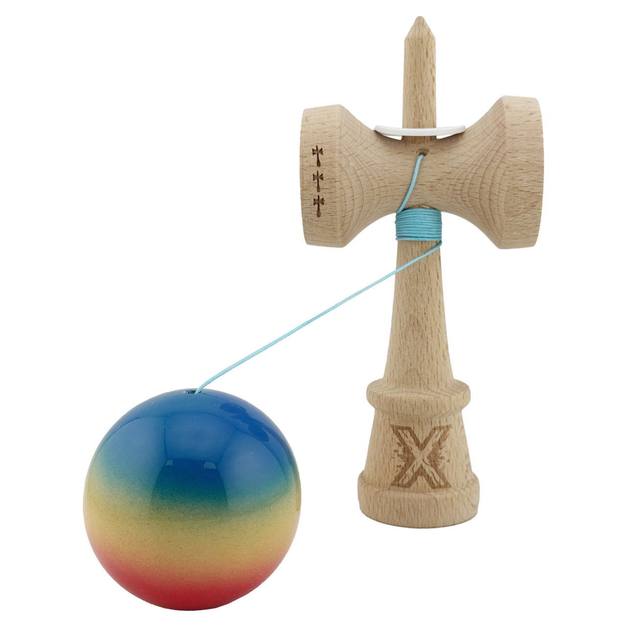Kendama X Originala, Profesionala, Flippy, Super Sticky cu Cupe Mari KING SIZE V3, Gaura in Baza, Rulment Metalic, din lemn 18 cm, Ata 62/65 cm, Gradient Albastru/Galben/Rosu [4]