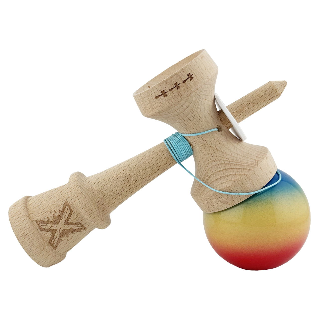 Kendama X Originala, Profesionala, Flippy, Super Sticky cu Cupe Mari KING SIZE V3, Gaura in Baza, Rulment Metalic, din lemn 18 cm, Ata 62/65 cm, Gradient Albastru/Galben/Rosu [5]