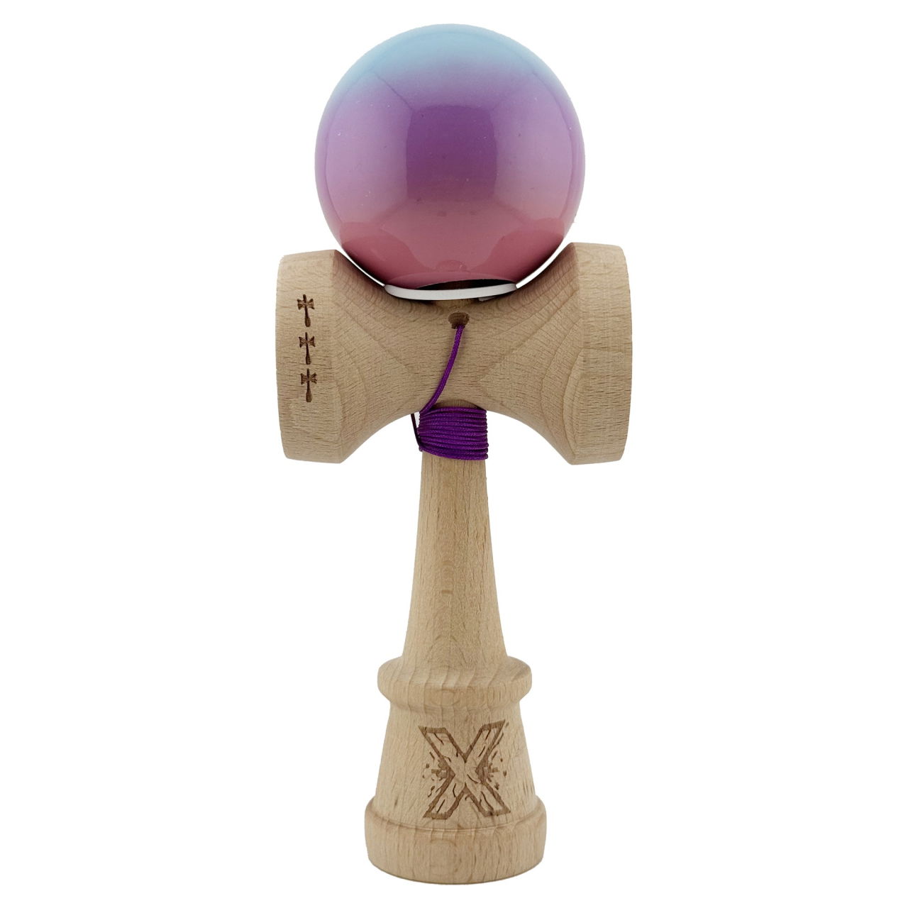 Kendama X Originala, Profesionala, Flippy, Super Sticky cu Cupe Mari KING SIZE V3, Gaura in Baza, Rulment Metalic, din lemn 18 cm, Ata 62/65 cm, Gradient Albastru/Mov/Roz [2]