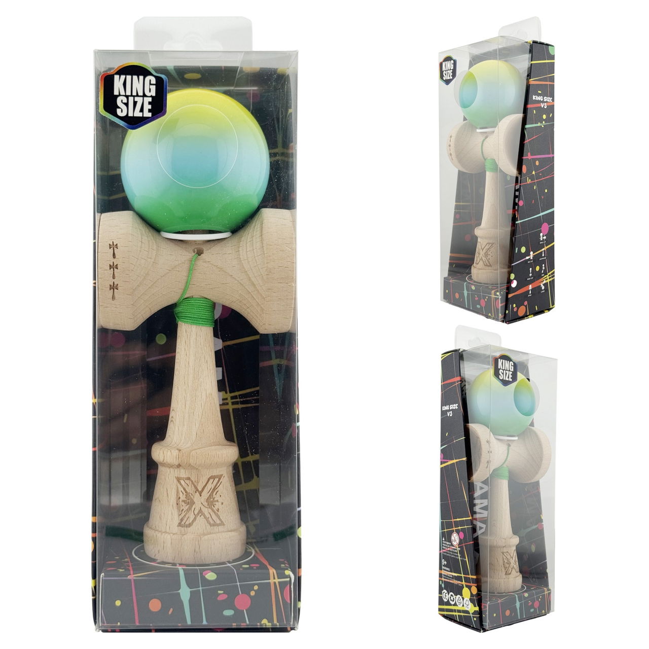 Kendama X Originala, Profesionala, Flippy, Super Sticky cu Cupe Mari KING SIZE V3, Gaura in Baza, Rulment Metalic, din lemn 18 cm, Ata 62/65 cm, Gradient Galben/Albastru/Verde [6]