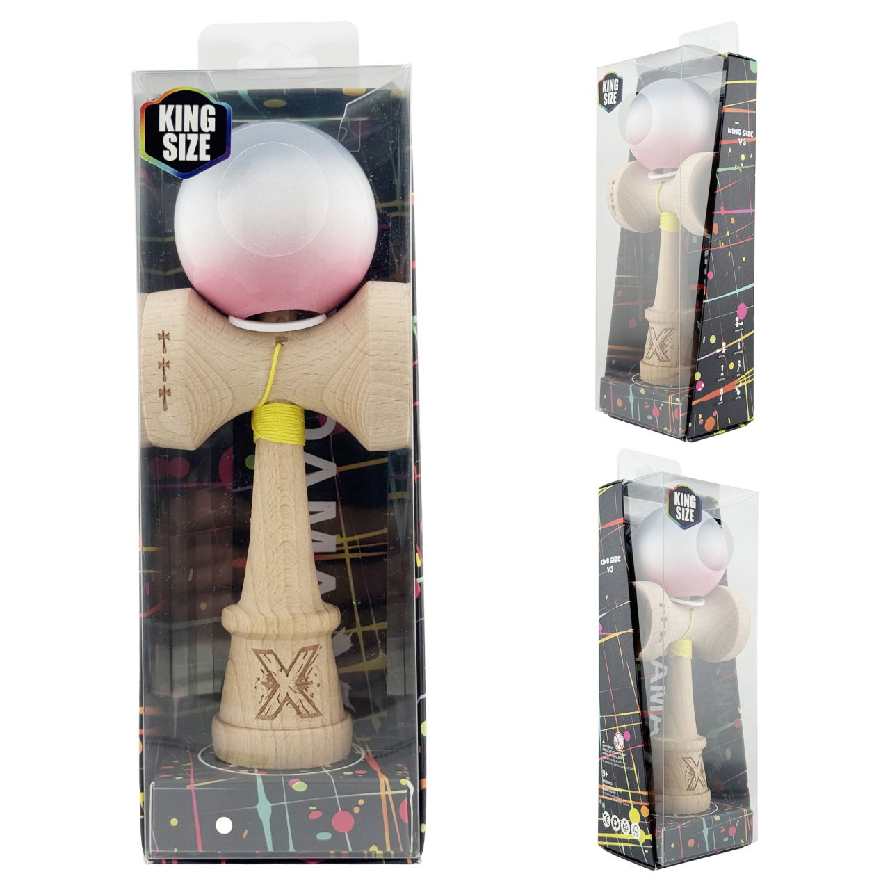 Kendama X Originala, Profesionala, Flippy, Super Sticky cu Cupe Mari KING SIZE V3, Gaura in Baza, Rulment Metalic, din lemn 18 cm, Ata 62/65 cm, Gradient Gri/Alb/Roz [6]